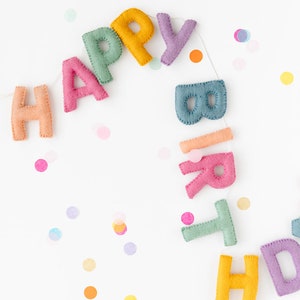 Puede incluir: Una pancarta de fieltro de colores que deletrea "Happy Birthday" con confeti esparcidos a su alrededor.