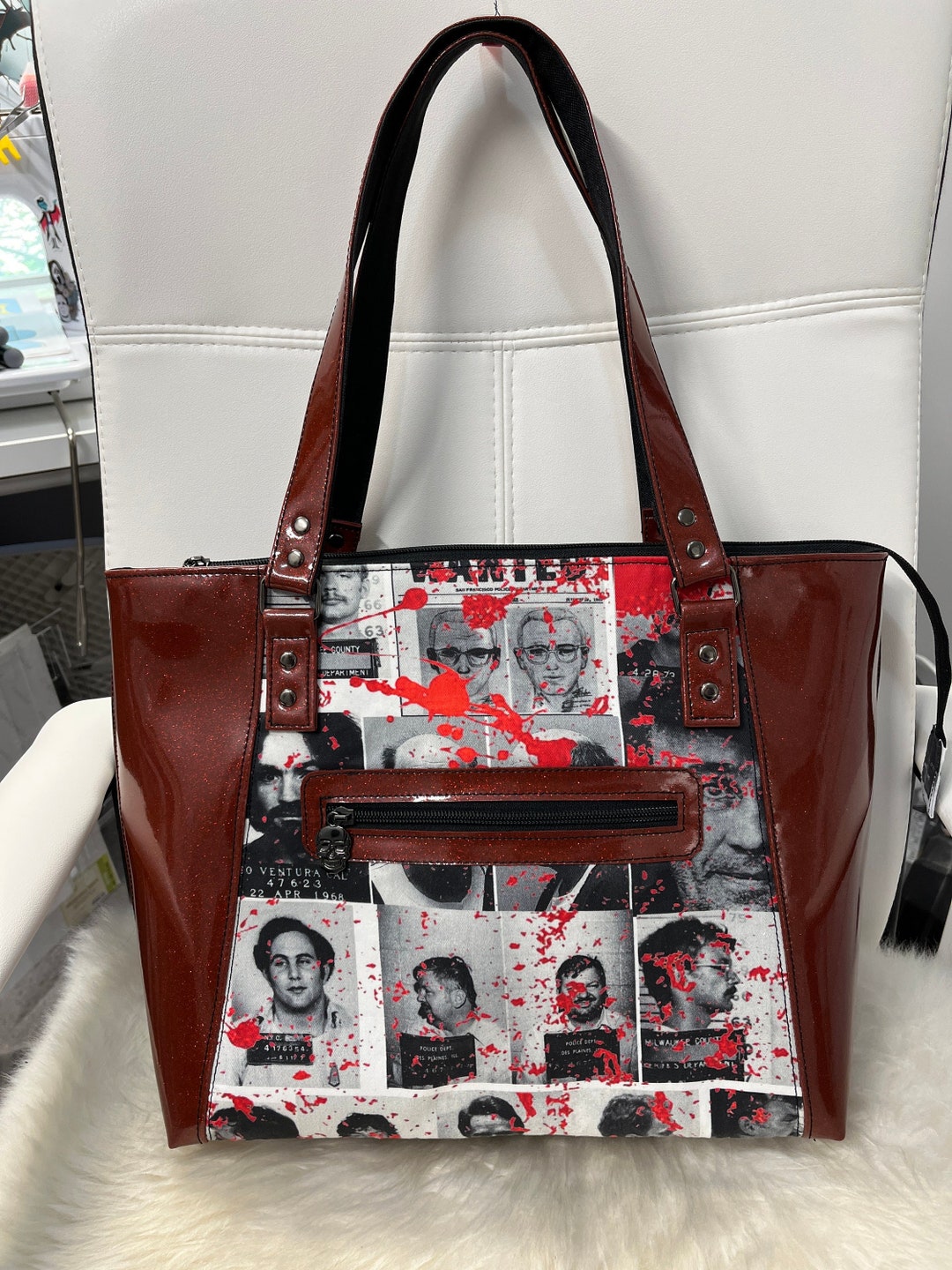 Serial Killer Tote Handbag Purse. Dark Red Glitter Vinyl and Cotton