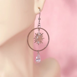 Sun Hoop Earrings, Silver Celestial Dangle Earrings, Sunburst Charm, Secret Santa Gift, Bohemian Jewelry, Winter Wonderland Earrings