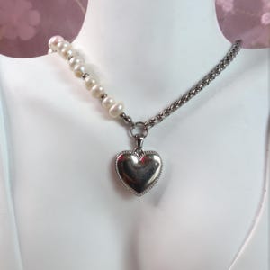 Half Chain Half Pearl Necklace, Real Pearl Necklace, June Birthstone, Heart Pendant, Cuban Chain Necklace, Unique Necklace, Half Pearl Chain