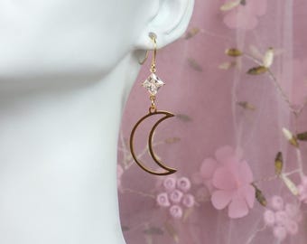Crescent Moon Earrings, Golden Star Earrings, Starry Night Earrings, Planetary Earrings, Sailor Moon Earrings, Howls Moving Castle Earrings