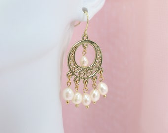 Modern Western Earrings, Bohemian Gold Hoop Earrings, Pearl Dangle Earrings, Real Pearl Earrings, Gift For Elderly Woman, Free Spirit