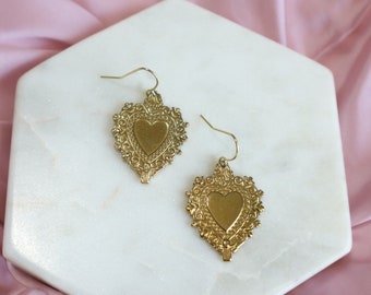 Sacred Heart Imagery Earrings, Antique Gold Heart Earrings, Citrine Earrings, Beauty and the Beast, Coquette Christmas Gift, Beautiful Gift