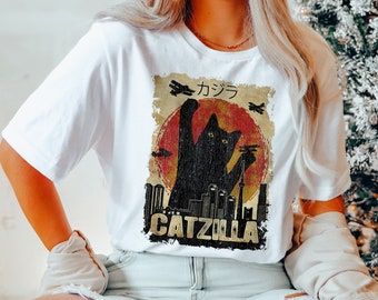 Catzilla T-Shirt - Funny Cat Outfit - Cat Lover Shirt - Godzilla Parody Apparel - Kawaaii Cat Shirt - Bobacat Tee - Animal Lover T-Shirt