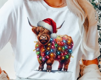 Christmas Cow Shirt - Cow Lights Shirt - Cow Lover Shirt - Xmas Cow Tee - Christmas Cow Sweatshirt - Highland Cow Crewneck - Xmas Gift