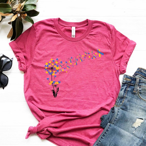 Windflower Ribbon Shirt - Dandelion Blue and Yellow Awaraness Tee - Down Syndrome Month Shirt - Support Mother T-Shirt - 21 Chromosomes Tee