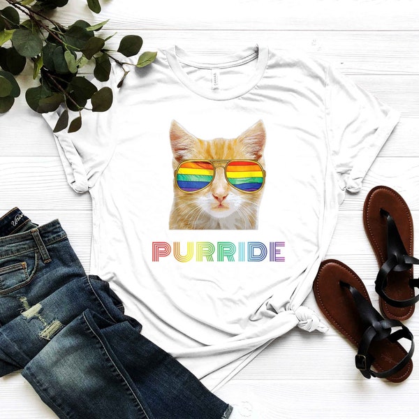 Purride LGBT Apparel - Rainbow Sunglasses Clothes - LGBTQ Cat Outfit - Lesbian Pride T-Shirt - Lgbt Awareness Tee - Love Wins Shirt