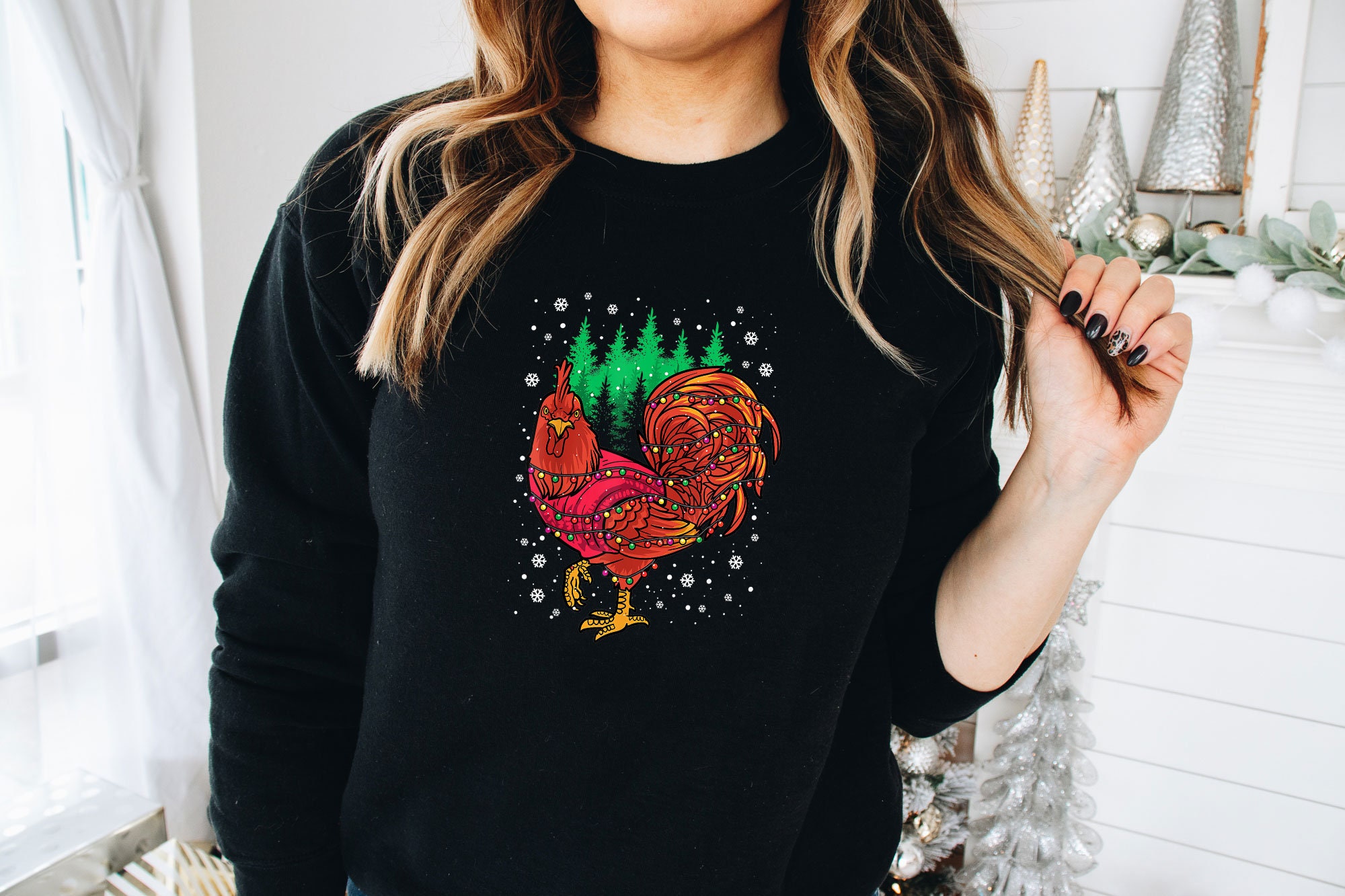 Discover Christmas Chicken Sweatshirt - Chicken Lovers Hoodie - Christmas Lovers Sweat - Christmas Lights Sweatshirt - Christmas Farmer Family Hoodie