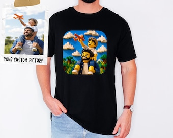 Personalized Fathers Day T-Shirt, Custom Toy Portrait Tee, Custom Graphic Shirt for Dad, Personalized Printed Brick Character Apparel