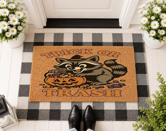 Trick Or Trash Doormat, Halloween Welcome Mat, Funny Fall Porch Decor, Spooky Season Greeting Mat