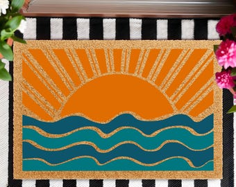 Felpudo Boho Sun, Felpudo de bienvenida minimalista Wave, Alfombra retro de verano para porche, Felpudo azul turquesa para puerta principal, Felpudo costero de fibra de coco para entrada
