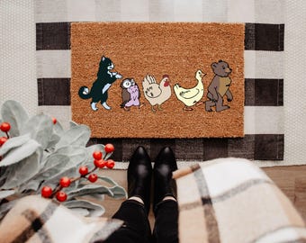 Felpudo de animales nostálgicos, felpudo de bienvenida con ilustración vintage, felpudo de entrada con osito adorable, felpudo de entrada con cuento de hadas, felpudo de fibra de coco para porche de estilo rústico.