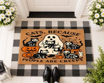 Cats Because People Are Creepy Doormat, Funny Cat Lover Gift, Halloween Pet Mat, Cute Cat Door Decor