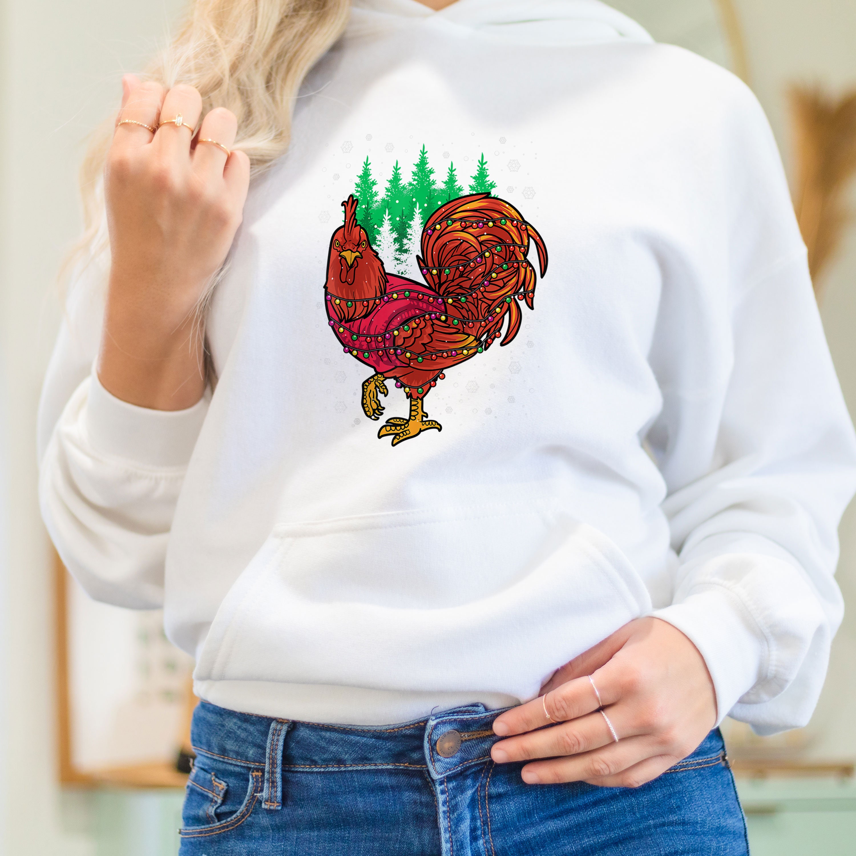 Discover Christmas Chicken Sweatshirt - Chicken Lovers Hoodie - Christmas Lovers Sweat - Christmas Lights Sweatshirt - Christmas Farmer Family Hoodie