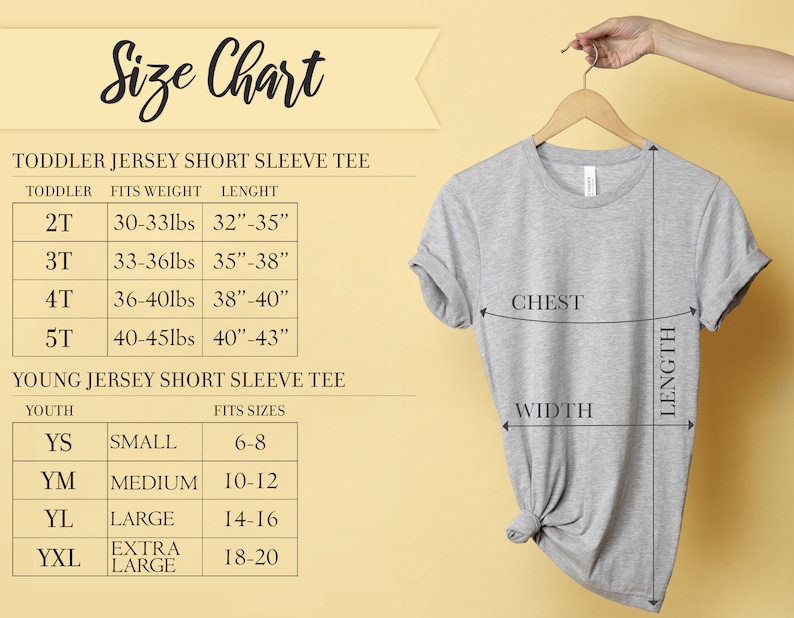 May include: Size chart for toddler and youth short sleeve t-shirts. The chart shows sizes, corresponding weight ranges, and length measurements in inches. The chart also shows youth sizes with corresponding fits.