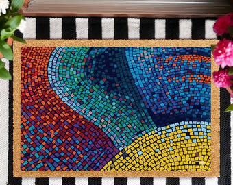 Felpudo de mosaico artístico, felpudo abstracto colorido para entrada, felpudo de bienvenida para exteriores.