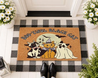 Boo-tiful Black Cat Doormat, Halloween Pet Mat, Spooky Cat Welcome Mat, Funny Fall Porch Decor