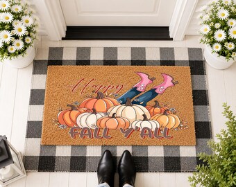 Happy Fall Y'all Doormat, Autumn Welcome Mat, Fall Porch Decor, Harvest Season Greeting, Farmhouse Fall Mat, Seasonal Entryway Decor