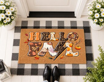 Hello Fall Doormat, Autumn Welcome Mat, Fall Porch Decor, Seasonal Entryway Mat, Fall Harvest Door Mat