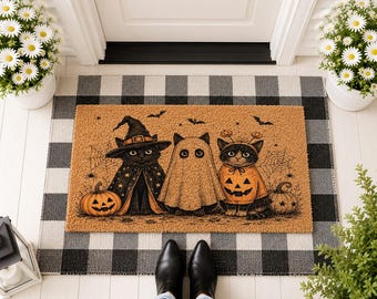 Witch Cat Ghost Doormat, Funny Halloween Pet Mat, Spooky Season Welcome Mat, Cute Cat Decor