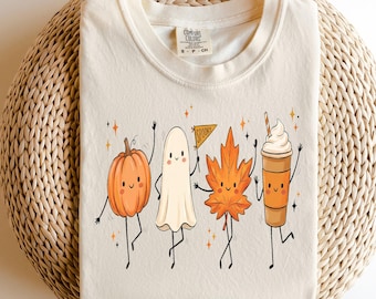 T-shirt fantôme citrouille feuille d'automne, T-shirt costume d'Halloween, T-shirt graphique ambiance automne