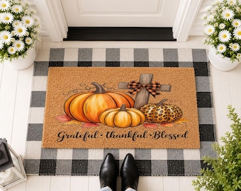 Grateful Thankful Blessed Doormat, Autumn Fall Porch Decor, Thanksgiving Welcome Mat, Harvest Home Sign