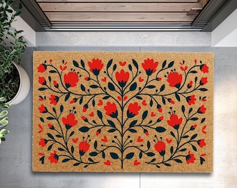 Felpudo de bienvenida floral rojo, felpudo botánico, alfombra de entrada de arte popular, felpudo de fibra de coco, felpudo para porche exterior.