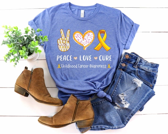 Peace Love Cure T-Shirt - Childhood Cancer Awareness - Yellow Ribbon T-Shirt - Cancer Support Tee - Cancer Campaign Clothes - Mom Gift