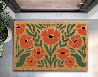 Alfombra de bienvenida con diseño de amapolas rojas, alfombra floral para la puerta principal, alfombra botánica de fibra de coco para la entrada, alfombra para el porche exterior, alfombra de regalo para inauguración de casa en primavera.