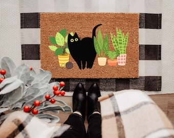 Felpudo para mamás de gatos, felpudo de bienvenida para plantas, felpudo felino para la puerta principal, felpudo de fibra de coco para inauguración de casa, felpudo para la entrada con plantas de interior, felpudo para el porche exterior