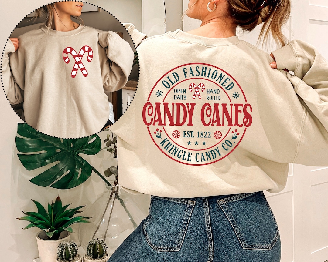 Front and Back Candy Canes Sweatshirt Old Fashioned Candy Cane Hoodie Candy Christmas Sweater