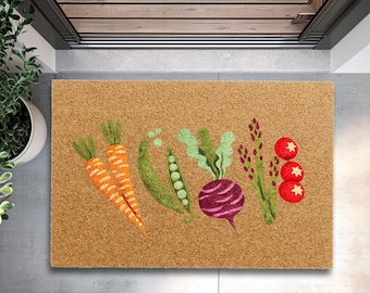 Veggie Garden Housewarming Gift Doormat, Vegetable Welcome Mat, Farmhouse Front Door Rug, Gardener Entryway Coir Doormat, Porch Door Mat