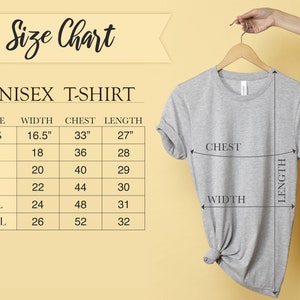 May include: Unisex t-shirt size chart with measurements in inches for chest, width, and length. The chart shows sizes XS through 2XL.