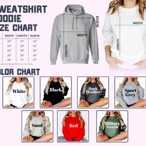 May include: Size chart for a sweatshirt hoodie in various colors, including white, black, dark heather, sport grey, sand, red, and military green. The chart shows measurements in inches for width, length, and sleeve length for sizes S, M, L, XL, and 2XL.