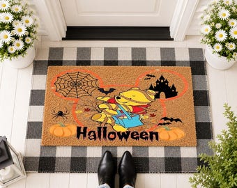 Hello Pumpkin Doormat, Halloween Welcome Mat, Spooky Season Porch Decor, Fall Front Door Mat, Cute Bear Halloween Mat