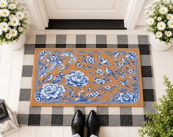 Blue Floral Victorian Doormat, Vintage Botanical Welcome Mat, Cottage Garden House Mat, Elegant Front Door Decor