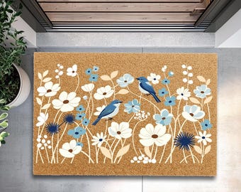 Felpudo de jardín botánico, felpudo de bienvenida con flores azules, felpudo de entrada con motivos naturales, felpudo floral de fibra de coco para la entrada, felpudo de bienvenida para el porche, alfombra de fibra de coco.