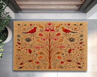 Felpudo de bienvenida Árbol de la Vida, Felpudo floral con pájaros para la puerta principal, Felpudo de fibra de coco para exteriores, Felpudo de entrada de otoño, Felpudo de regalo para inauguración de casa