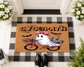 Psychopath Ghost and Raccoon Doormat, Funny Halloween Porch Mat, Spooky Season Welcome Mat