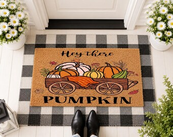 Hey There Pumpkin Doormat, Autumn Welcome Mat, Fall Porch Decor, Halloween Seasonal Entryway Rug