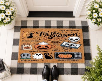 Tis the Season Doormat, Halloween Welcome Mat, Spooky Fall Porch Decor, Trick or Treating Seasonal Entry Rug