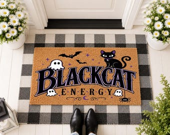 Blackcat Energy Doormat, Funny Cat Lover Welcome Mat, Halloween Pet Door Mat, Witchy Home Decor
