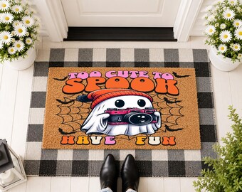 Too Cute To Spook Doormat, Funny Halloween Mat, Cute Ghost Camera Door Decor, Spooky Season Welcome Mat
