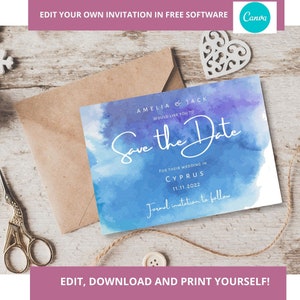 Save the date,editable invitation template ,canva, wedding invitation, abroad wedding invitation, blue watercolour, downloadable invite