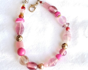 Pink Auro Gemstone, Glass and Gold Filled Beaded Bracelet, Handmade 2023 Bracelets, Best Jewelry GIft, Upcycled Jewelry
