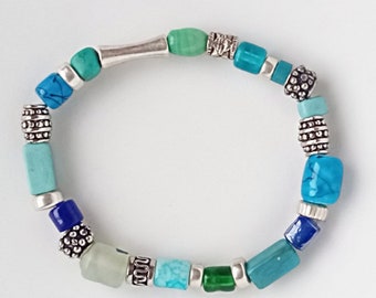Colorful Blue, Glass, Gemstone & Sterling Silver Beaded Stretch Bracelet, Jewelry Gift for 2023