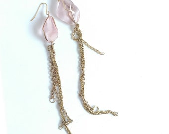 Chunky Gold & Quartz Gemstone Dangle Earrings, Earrings for Her, Earrings with Chains, Handmade Gift for Her, Best