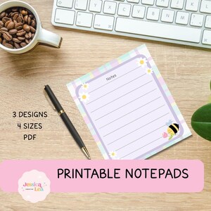 Plantilla de bloc de notas imprimible de abejas y flores / Dibujado a mano / Hoja de notas / Lista de tareas / Notas / Bloc de notas en blanco / Abeja linda