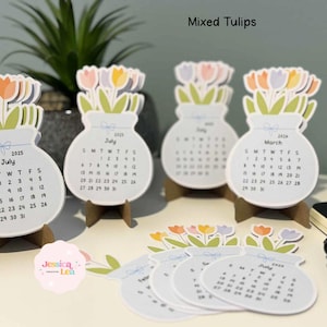 Handmade Tulip Flower Vase Desk Calendar (18 Months) – July 2025 to December 2026 | Standing Desk Calendar with Cardboard Stand