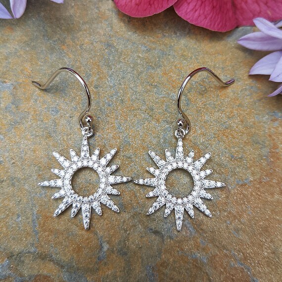 Sterling Silver Cubic Zirconia Sun Charm Dangle Earrings Etsy